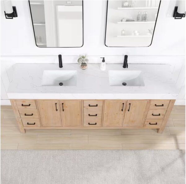 León 84 in.W x 22 in.D x 34 in.H Double Sink Bath Vanity in Fir Wood Brown with White Composite Stone Top