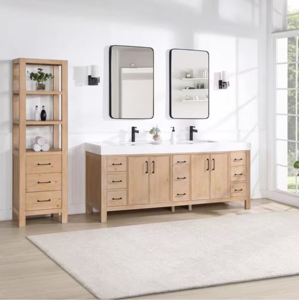 León 84 in.W x 22 in.D x 34 in.H Double Sink Bath Vanity in Fir Wood Brown with White Composite Stone Top