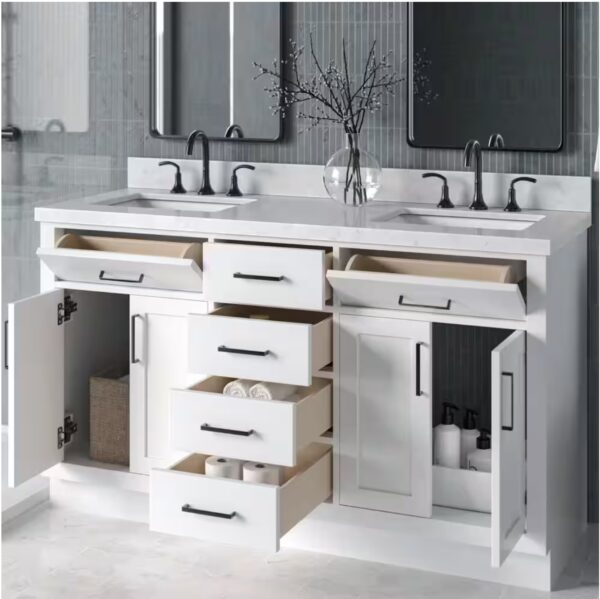 Hepburn 60 in. W x 22 in. D x 36 in. H Double Sink Freestanding Bath Vanity in White with Carrara Quartz Top